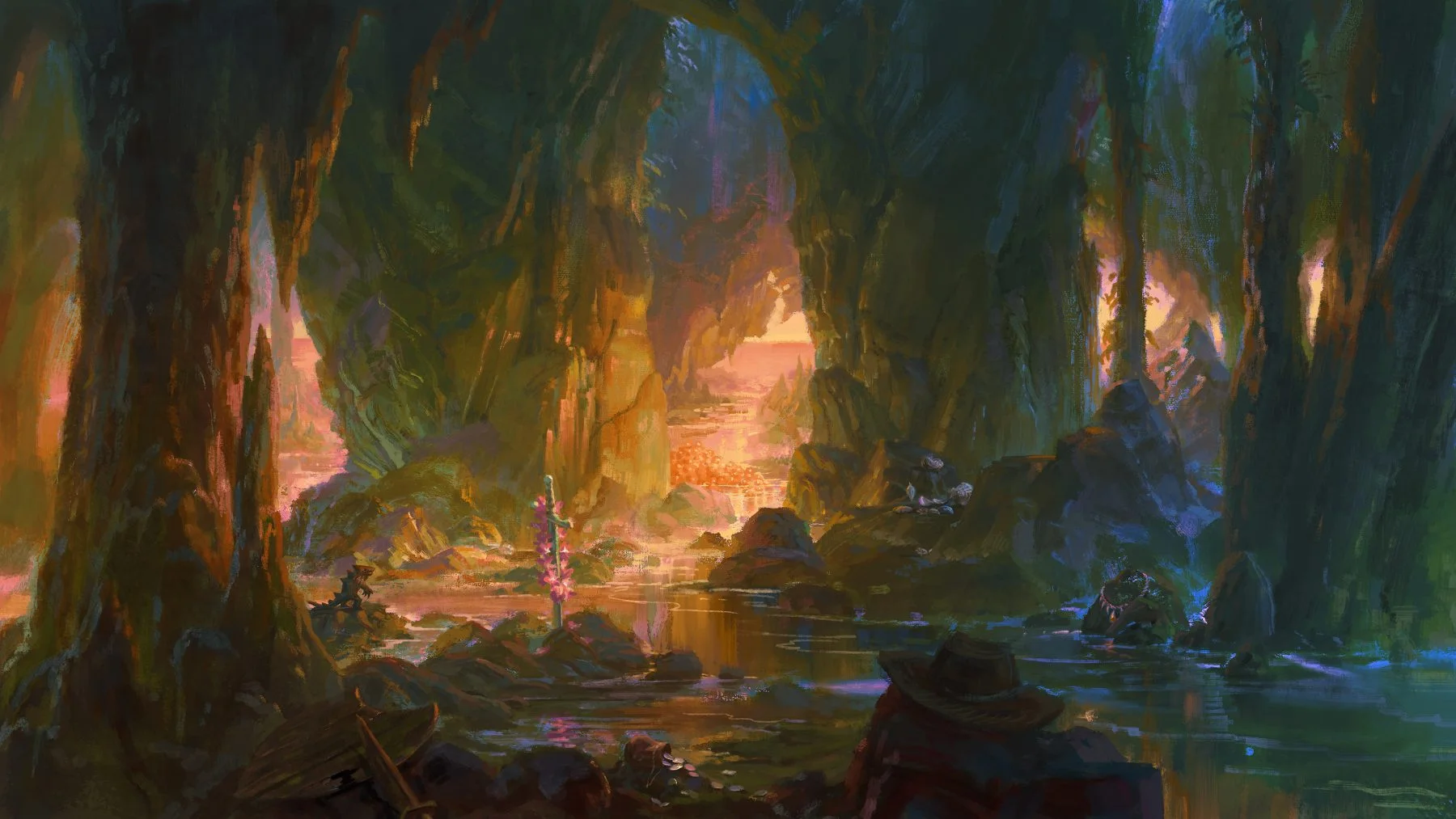 A luminous flooded cavern rendered in deep greens and sunset gold