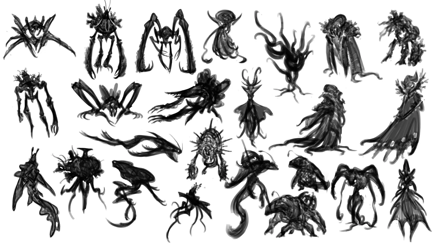 A page of early creature silhouette studies