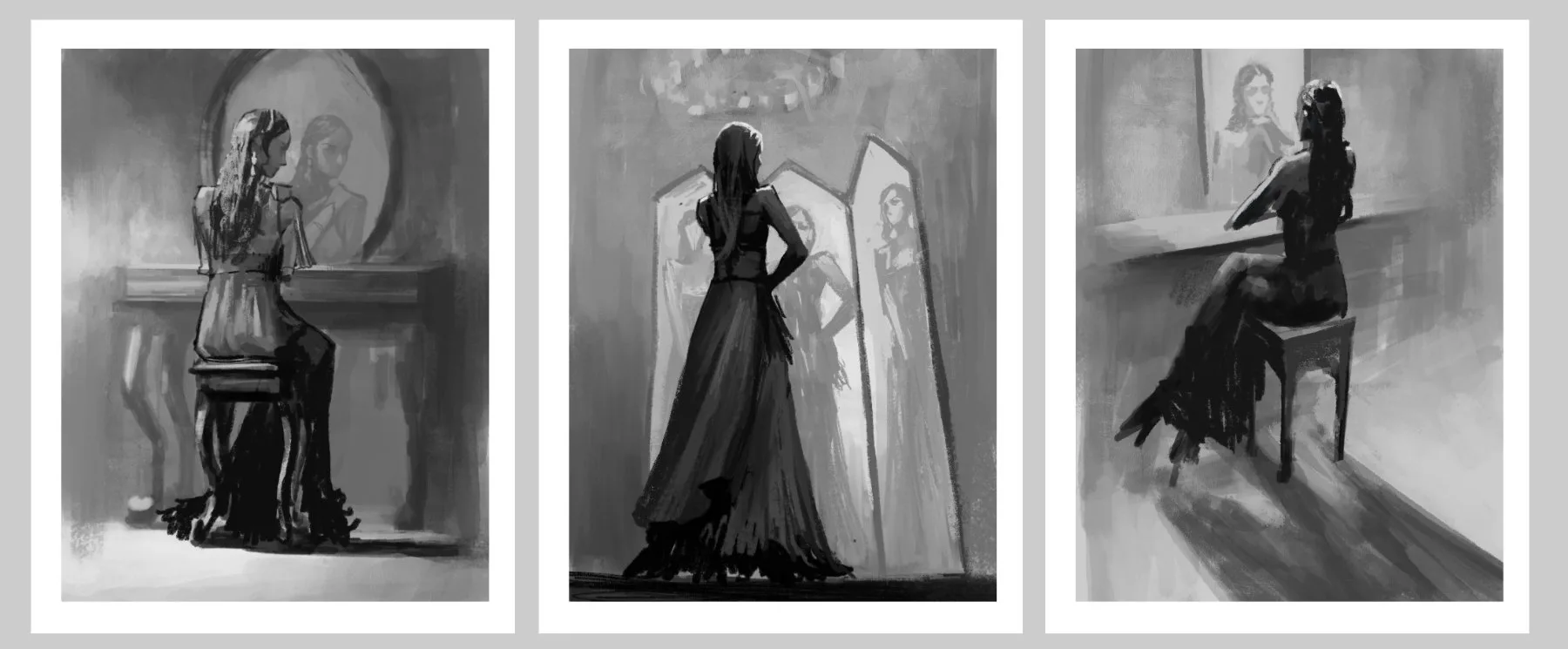 Three monochrome costume and composition studies for Rhiannon