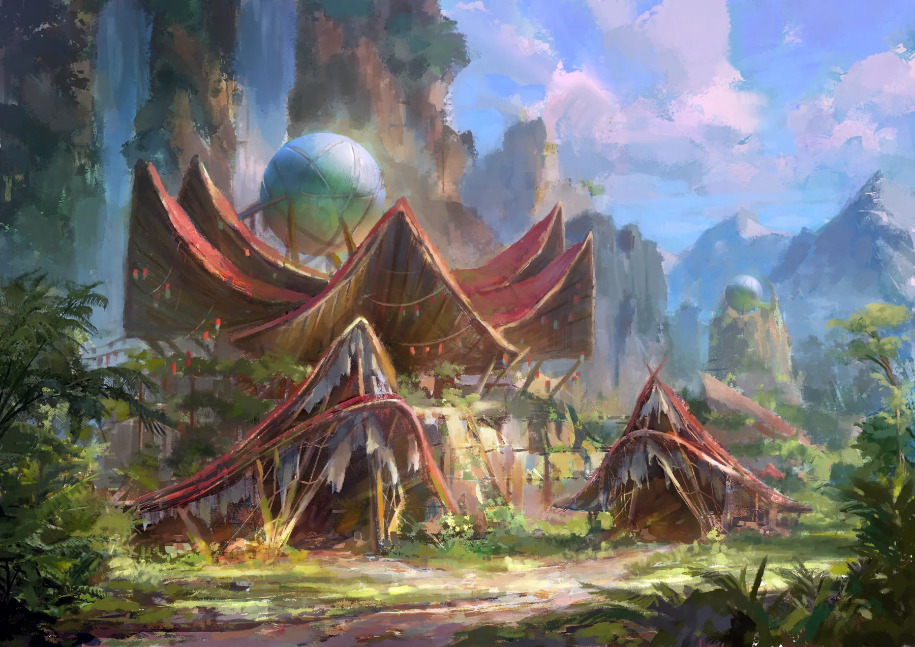 A mountain settlement of peaked red-roofed halls beneath towering cliffs and a luminous blue sky