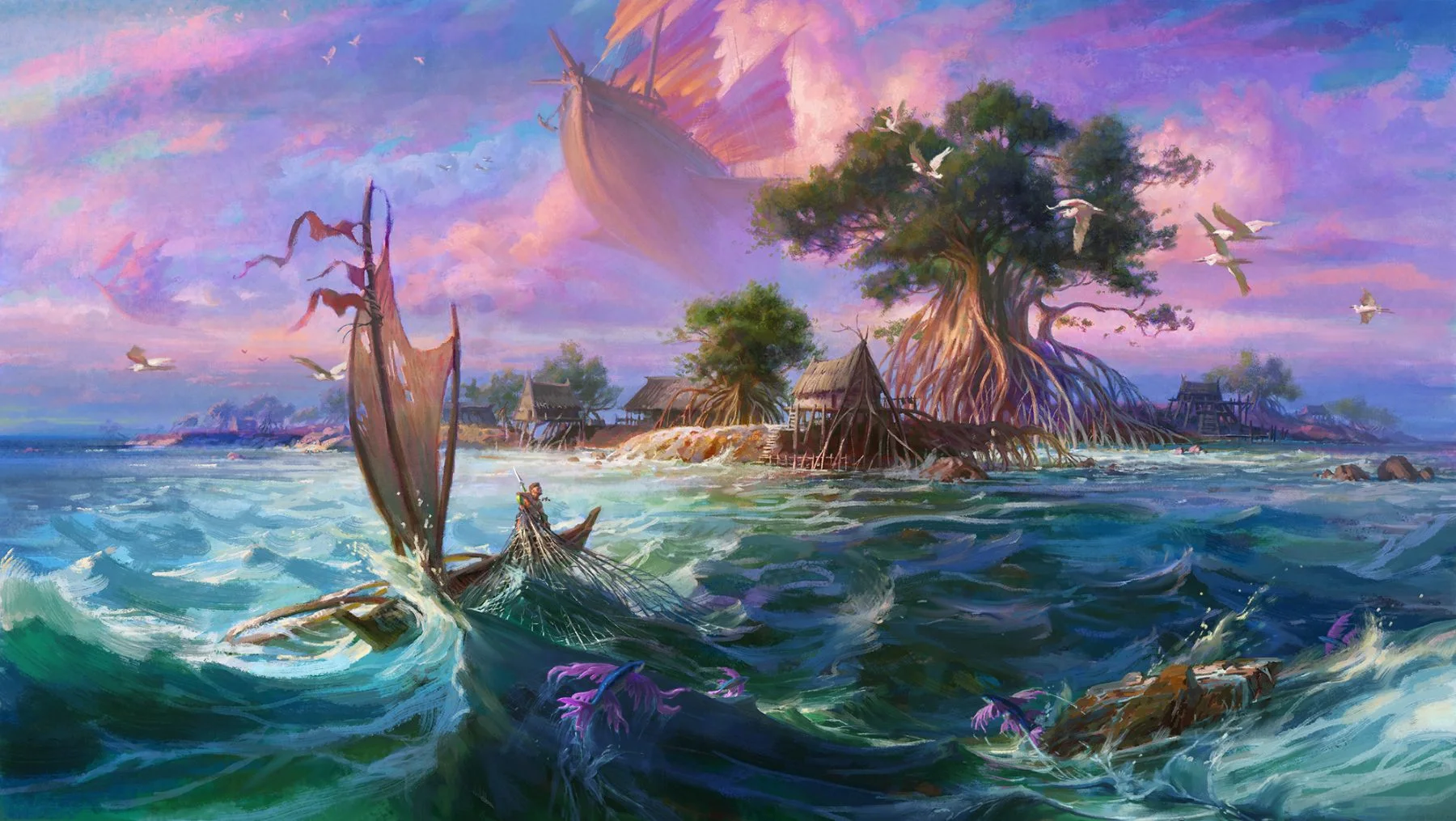 A sailing vessel approaching a vast tree rising from the sea