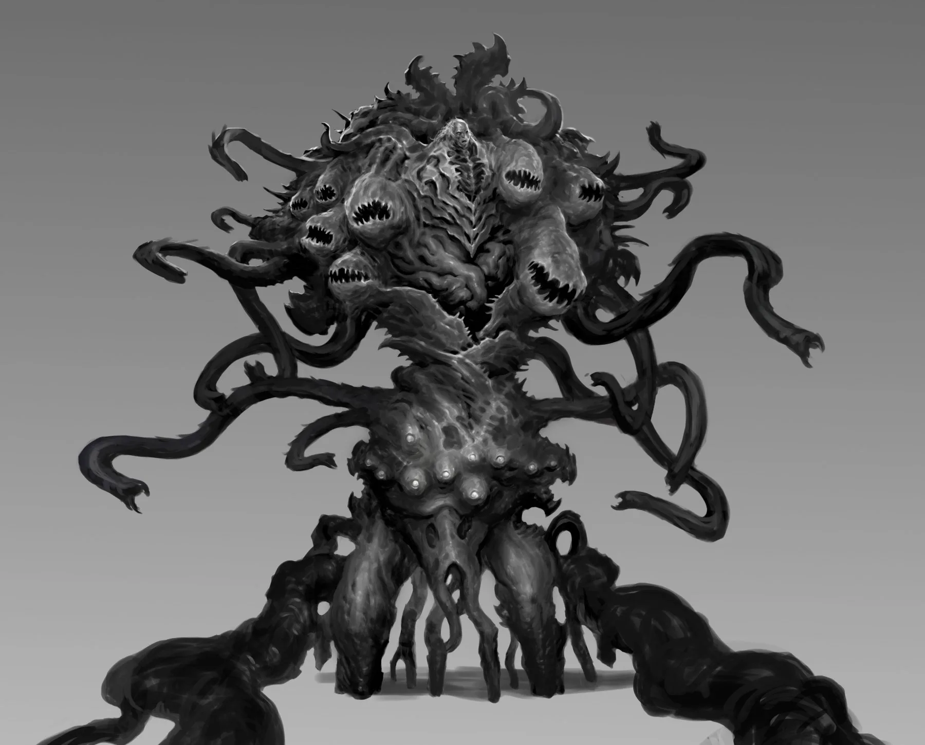 Monochrome value study of a many-mouthed tendril horror